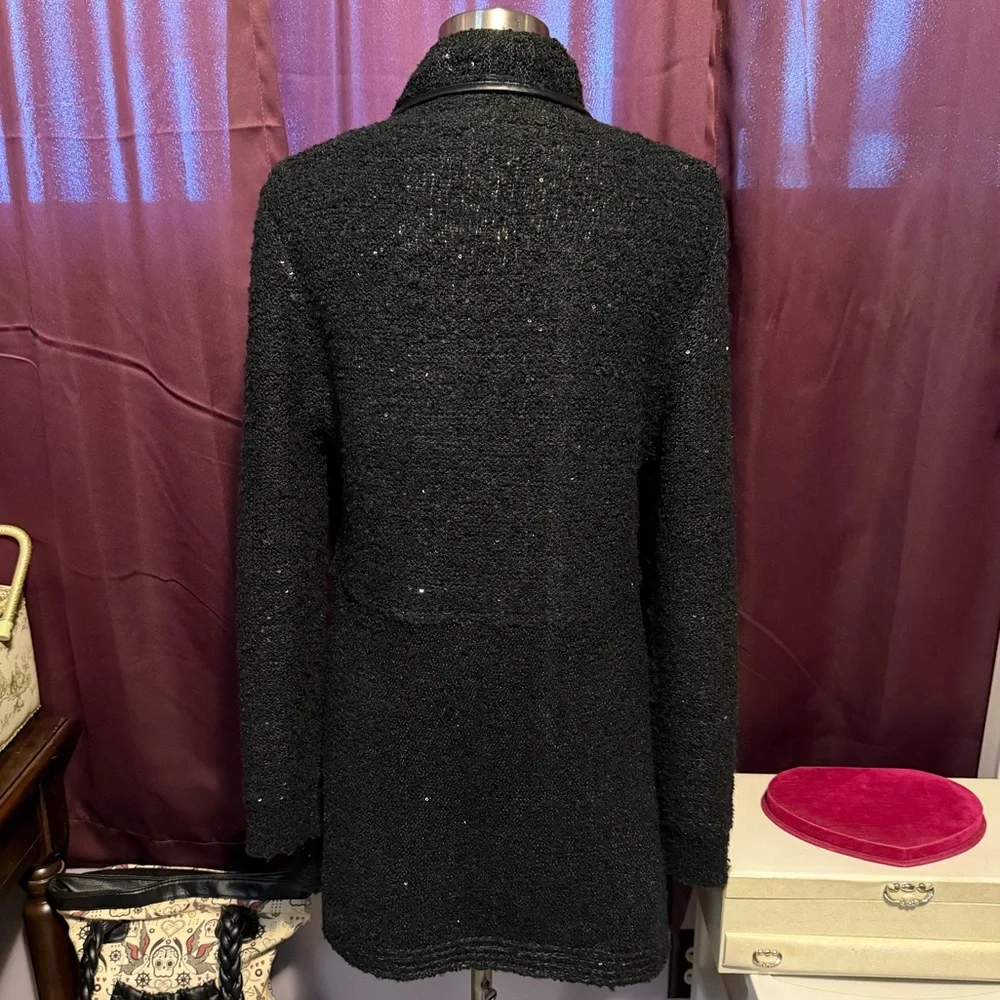 John Fashion Open Cardigan Sweater Sequin Faux Trim Black Sparkle
